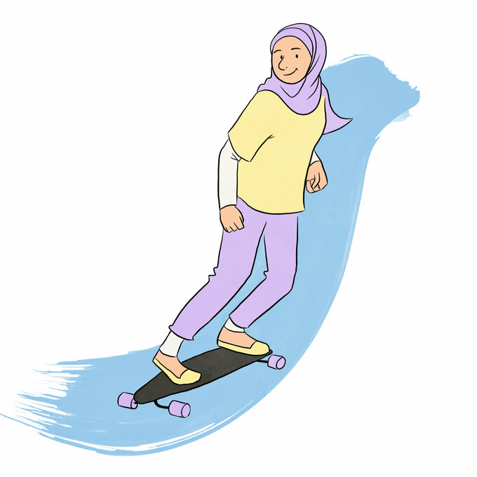 Titelbild der Unterrichtseinheit (Mädchen mit Kopftuch auf Skateboard)