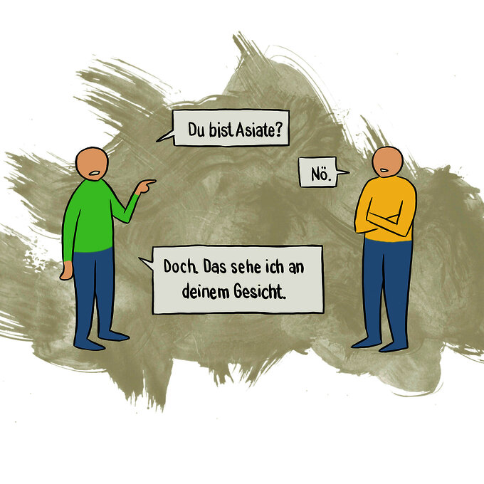 Zwei stilisierte Menschen von denen einer den anderen fragt, ob er Asiate sei.