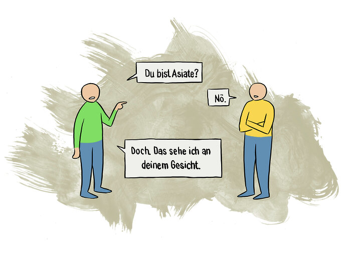 Zwei stilisierte Menschen von denen einer den anderen fragt, ob er Asiate sei.